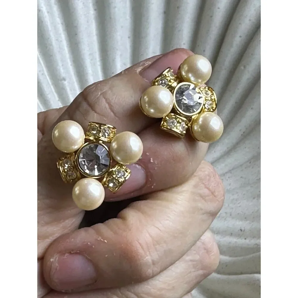 BOGO FREE PEARL GOLD CRYSTAL STUD PROM EARRINGS